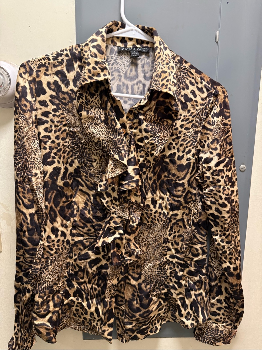 Lafayette 148 New York Leopard Ruffle Button-Down Blouse - Brown/Black